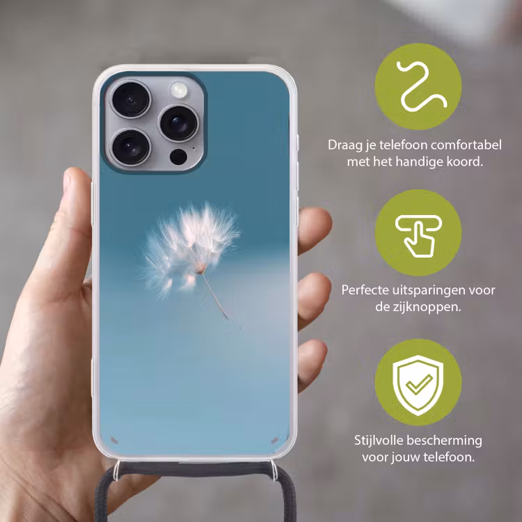 Paardenbloempluisje - Blauw - Lucht Hoesje iPhone 16 Pro Max met koord klein -sfeer2_NL
