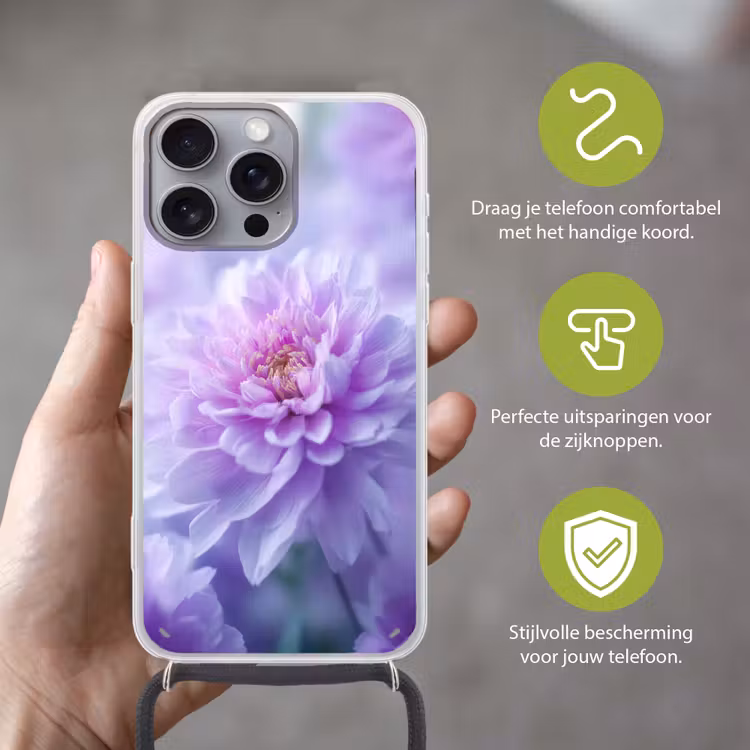 Paars - Dahlia - Dromerig Hoesje iPhone 16 Pro Max met koord klein -sfeer2_NL