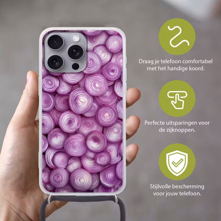 Paars - Uien - Close up Hoesje iPhone 16 Pro Max met koord klein -sfeer2_NL