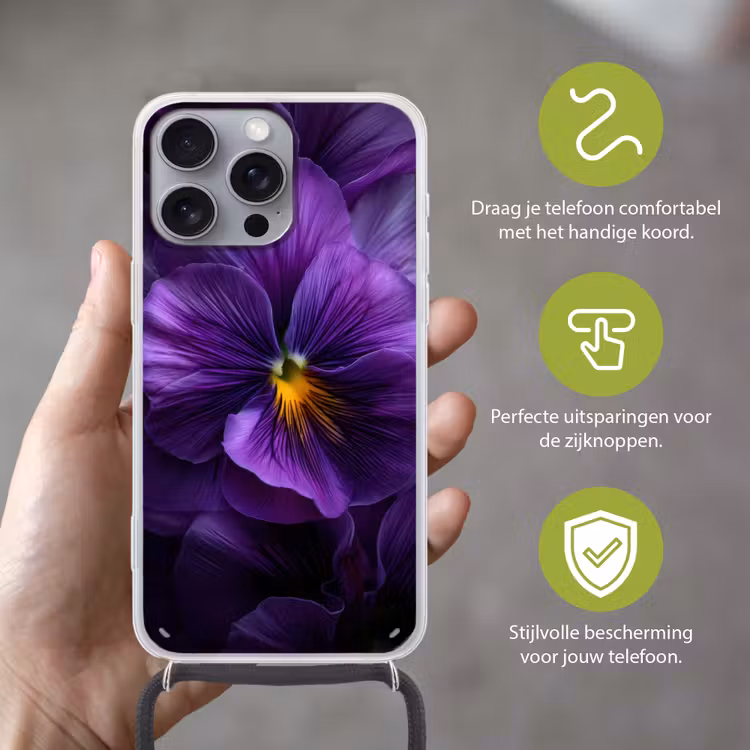 Paars - Viool - Diepte Hoesje iPhone 16 Pro Max met koord klein -sfeer2_NL