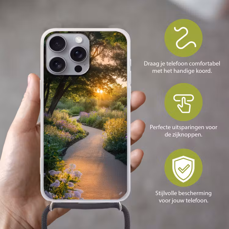 Pad - Bloemen - Park Hoesje iPhone 16 Pro Max met koord klein -sfeer2_NL