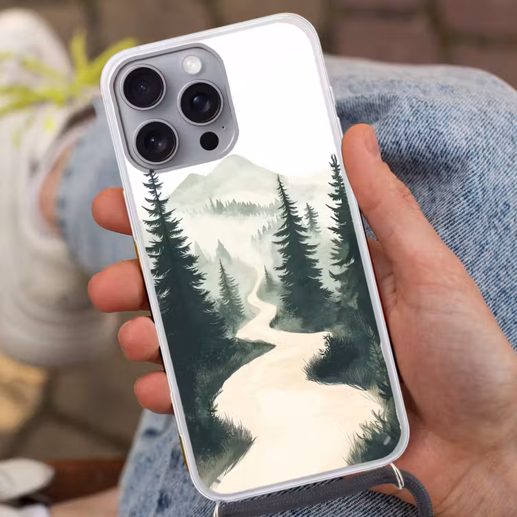 Pad - Bomen - Bos - Illustratie Hoesje iPhone 16 Pro Max met koord klein -sfeer3