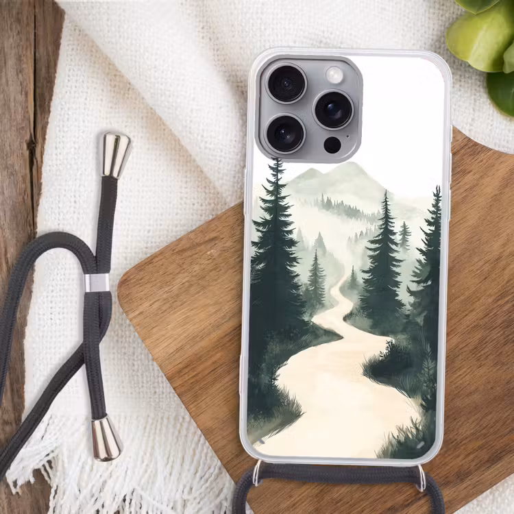 Pad - Bomen - Bos - Illustratie Hoesje iPhone 16 Pro Max met koord klein -sfeer4