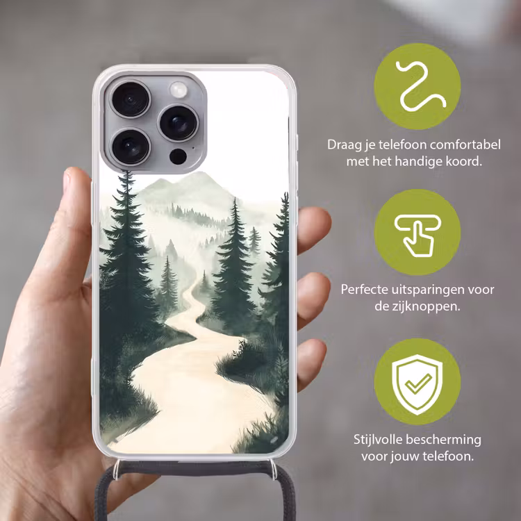 Pad - Bomen - Bos - Illustratie Hoesje iPhone 16 Pro Max met koord klein -sfeer2_NL