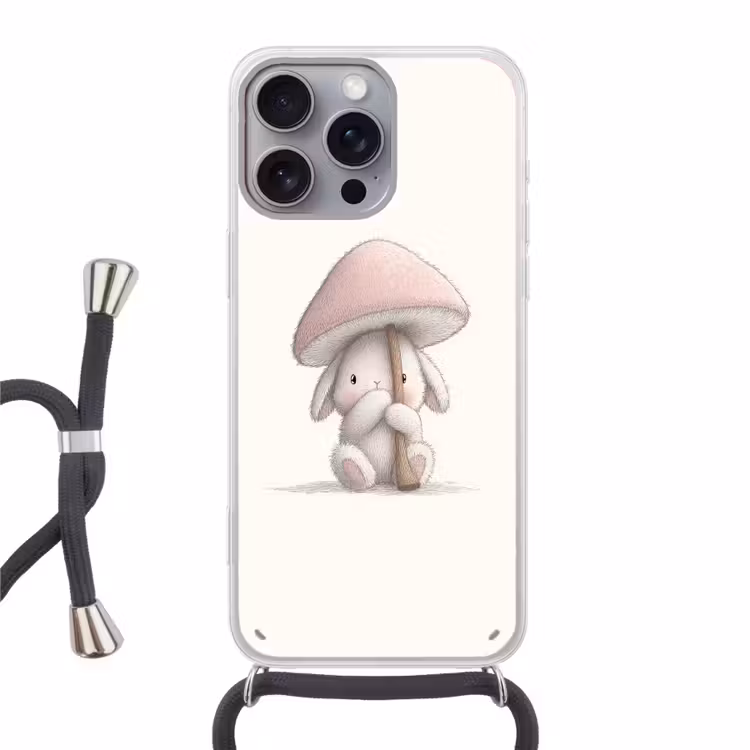 Paddenstoel - Konijn - Roze Hoesje iPhone 16 Pro Max met koord klein -3d