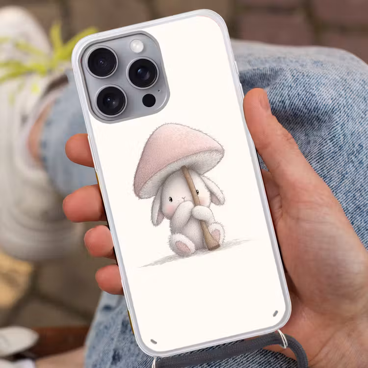Paddenstoel - Konijn - Roze Hoesje iPhone 16 Pro Max met koord klein -sfeer3