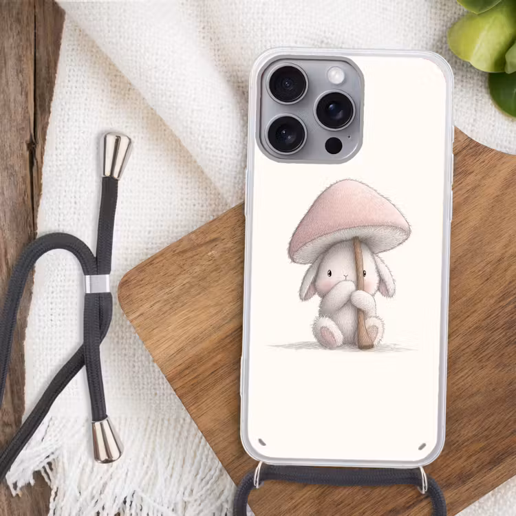 Paddenstoel - Konijn - Roze Hoesje iPhone 16 Pro Max met koord klein -sfeer4