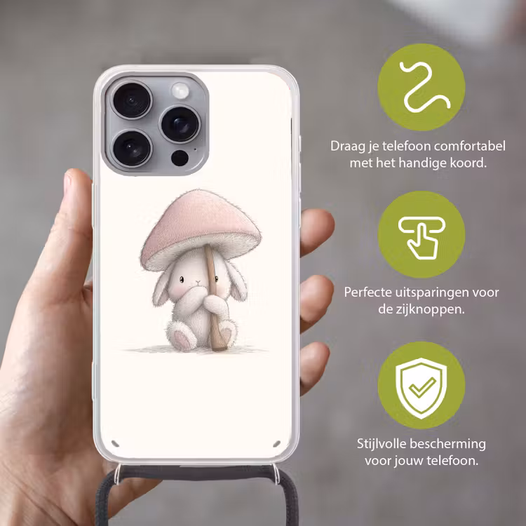 Paddenstoel - Konijn - Roze Hoesje iPhone 16 Pro Max met koord klein -sfeer2_NL