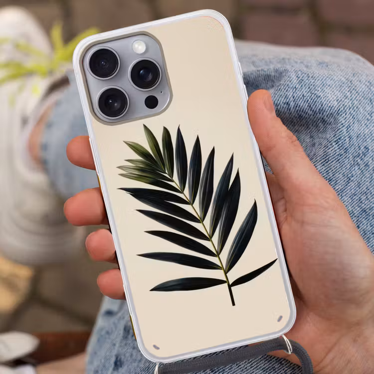 Palmblad - Donkere bladen - Subtiel Hoesje iPhone 16 Pro Max met koord klein -sfeer3