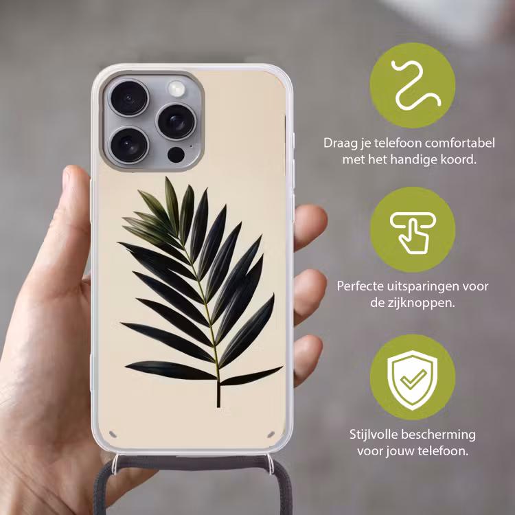 Palmblad - Donkere bladen - Subtiel Hoesje iPhone 16 Pro Max met koord klein -sfeer2_NL