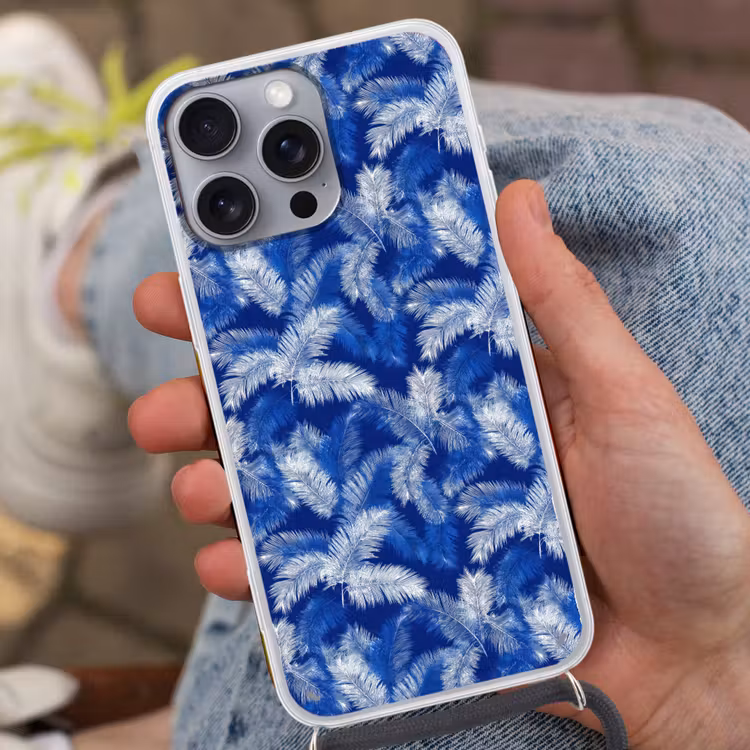 Palmblad - Patroon - Blauw Hoesje iPhone 16 Pro Max met koord klein 804 -sfeer3