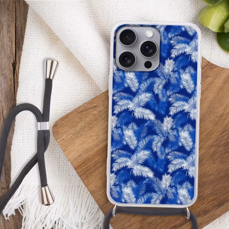 Palmblad - Patroon - Blauw Hoesje iPhone 16 Pro Max met koord klein 804 -sfeer4