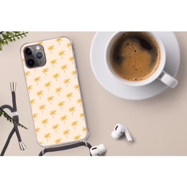 Palmbomen - Beige - Oranje - Patroon - Zomer Hoesje iPhone 12 Pro met koord klein -oordop