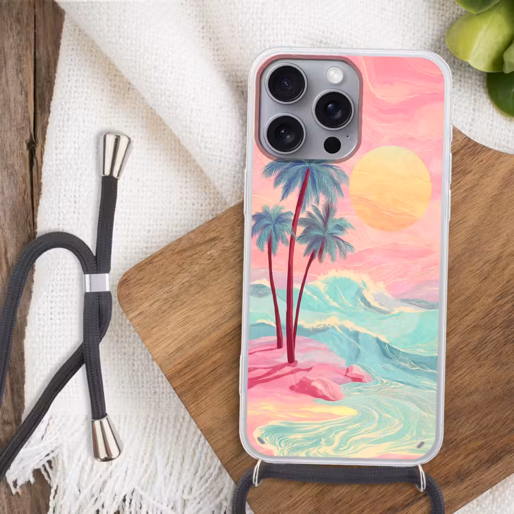 Palmbomen - Golven - Zee Hoesje iPhone 16 Pro Max met koord klein -sfeer4