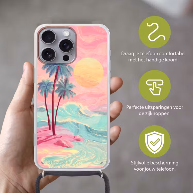 Palmbomen - Golven - Zee Hoesje iPhone 16 Pro Max met koord klein -sfeer2_NL