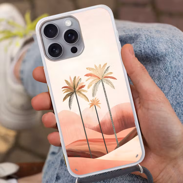 Palmbomen - Heuvels - Minimalistisch - Zachtroze Hoesje iPhone 16 Pro Max met koord klein -sfeer3