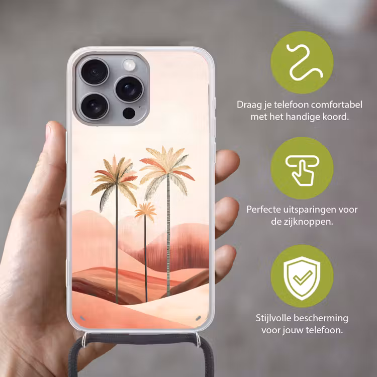 Palmbomen - Heuvels - Minimalistisch - Zachtroze Hoesje iPhone 16 Pro Max met koord klein -sfeer2_NL