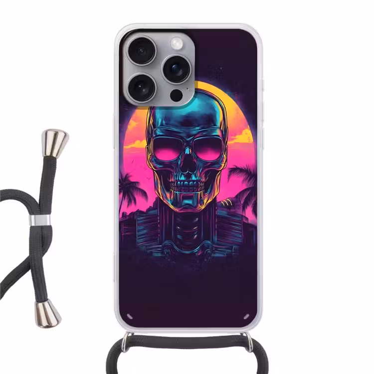 Palmbomen - Hoofd - Metallic - Zonsondergang Hoesje iPhone 16 Pro Max met koord klein -3d