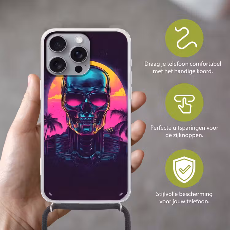 Palmbomen - Hoofd - Metallic - Zonsondergang Hoesje iPhone 16 Pro Max met koord klein -sfeer2_NL