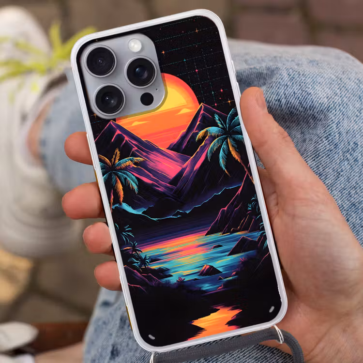 Palmbomen - Neonbergen - Sterrenhemel - Zon Hoesje iPhone 16 Pro Max met koord klein -sfeer3