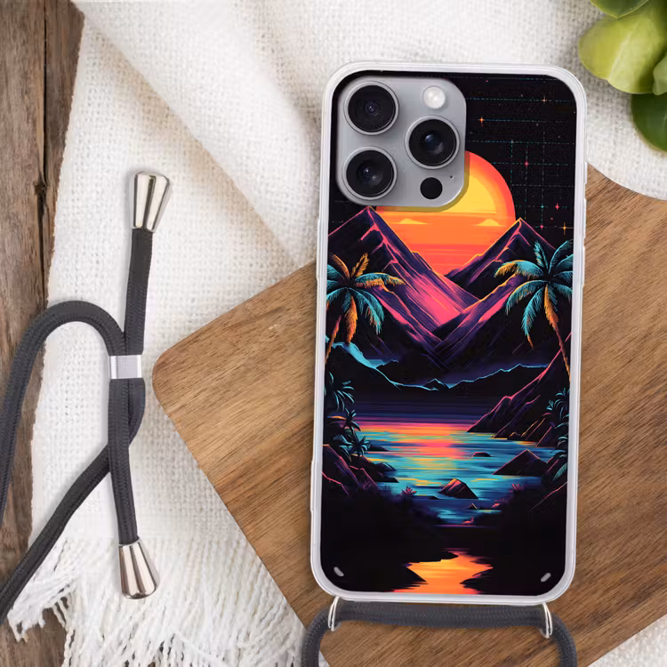 Palmbomen - Neonbergen - Sterrenhemel - Zon Hoesje iPhone 16 Pro Max met koord klein -sfeer4