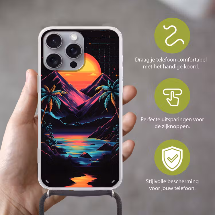 Palmbomen - Neonbergen - Sterrenhemel - Zon Hoesje iPhone 16 Pro Max met koord klein -sfeer2_NL