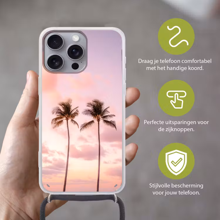 Palmbomen - Paars - Wolken - Lucht Hoesje iPhone 16 Pro Max met koord klein -sfeer2_NL
