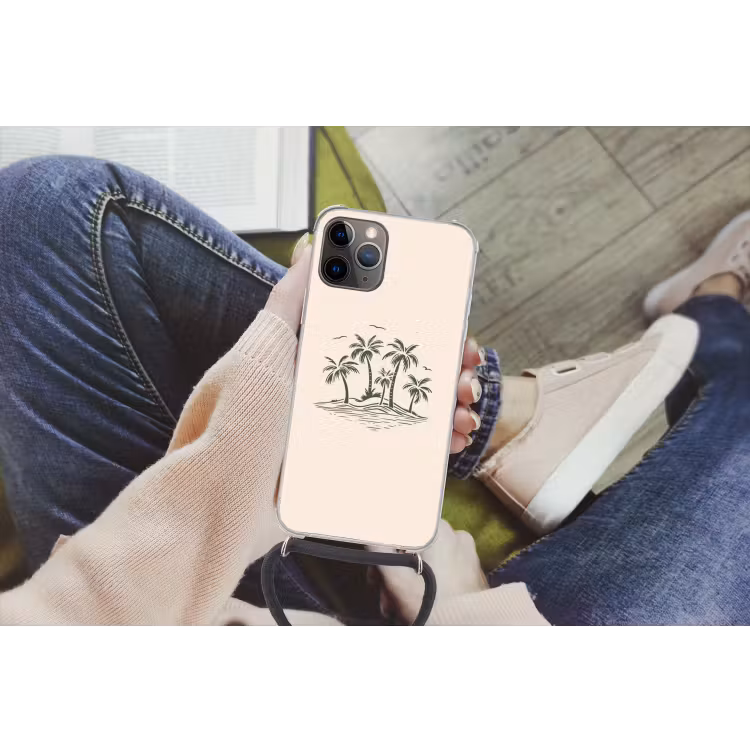 Palmbomen - Strand - Beige - Groen - Tropisch Hoesje iPhone 12 Pro met koord klein -hand