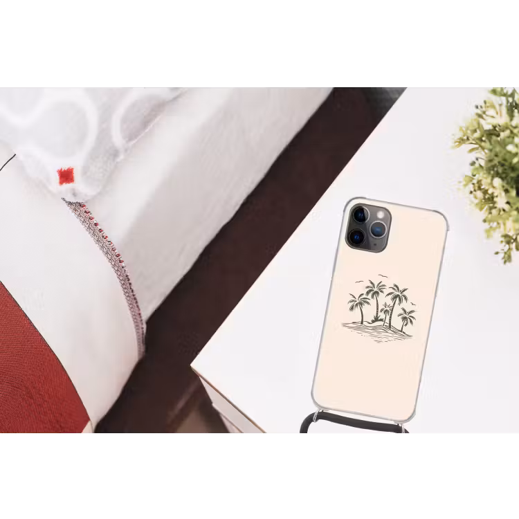 Palmbomen - Strand - Beige - Groen - Tropisch Hoesje iPhone 12 Pro met koord klein -kamer