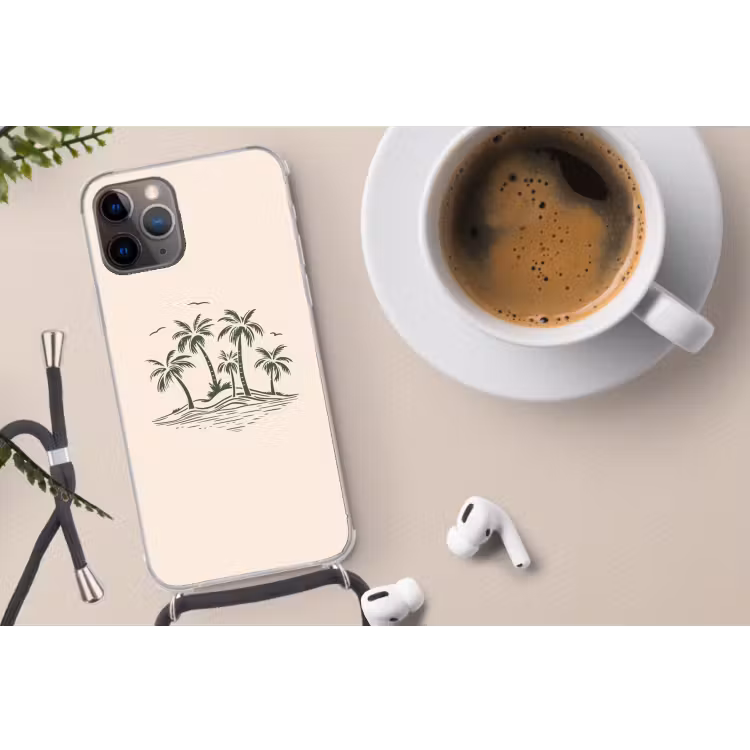 Palmbomen - Strand - Beige - Groen - Tropisch Hoesje iPhone 12 Pro met koord klein -oordop