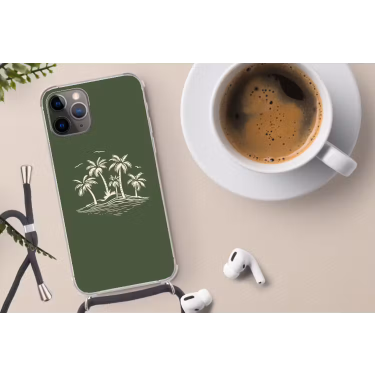 Palmbomen - Strand - Groen - Beige - Tropisch Hoesje iPhone 12 Pro met koord klein -oordop