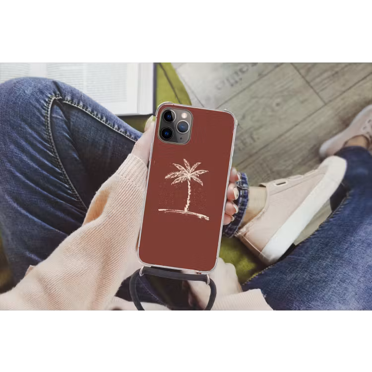 Palmboom - Beige - Rood - Tropisch Hoesje iPhone 12 Pro met koord klein -hand