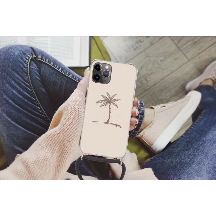 Palmboom - Bruin - Beige - Tropisch Hoesje iPhone 12 Pro met koord klein -hand