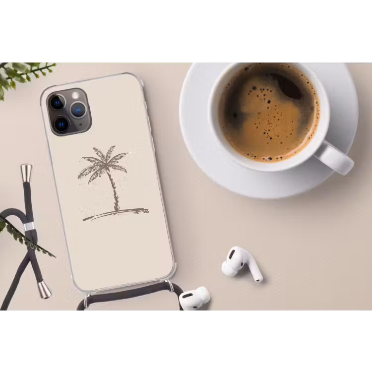 Palmboom - Bruin - Beige - Tropisch Hoesje iPhone 12 Pro met koord klein -oordop