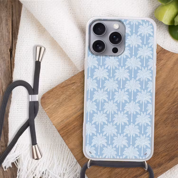 Palmboom - Modern - Blauw Hoesje iPhone 16 Pro Max met koord klein 804 -sfeer4