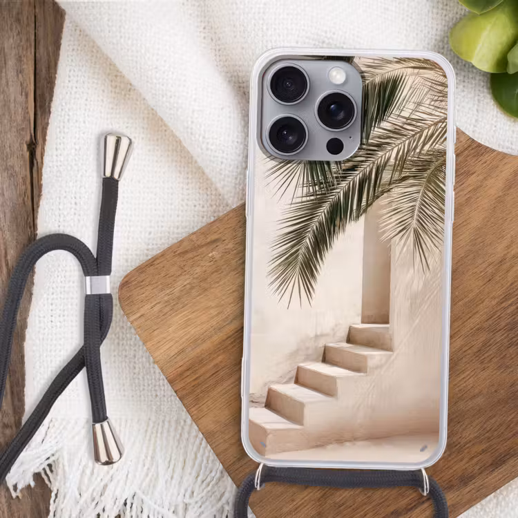 Palmboom - Schaduw - Trap - Beige Hoesje iPhone 16 Pro Max met koord klein -sfeer4