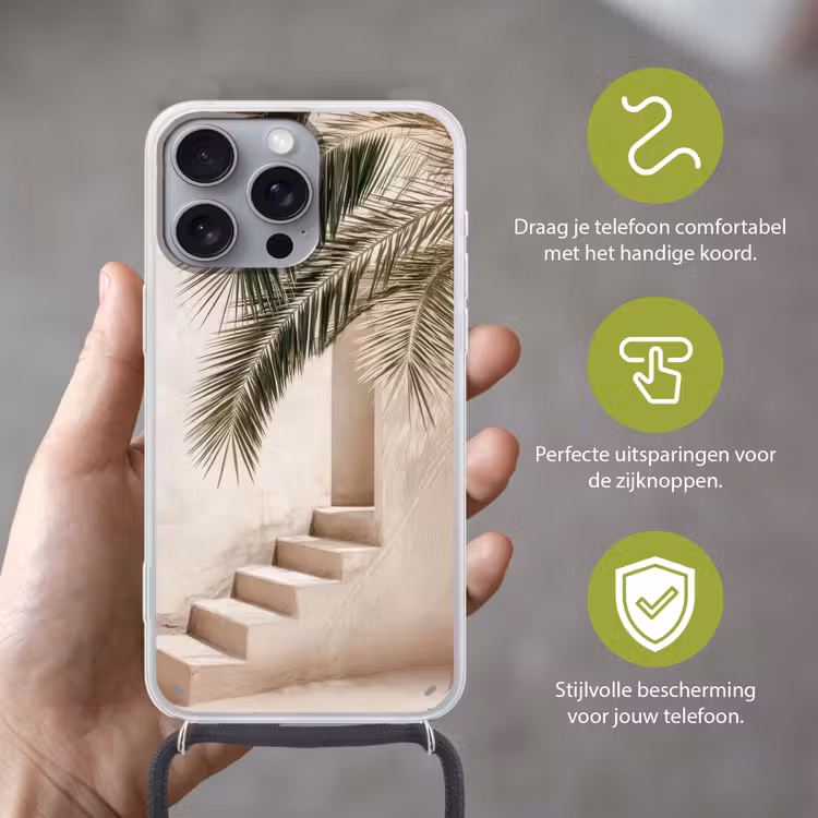 Palmboom - Schaduw - Trap - Beige Hoesje iPhone 16 Pro Max met koord klein -sfeer2_NL