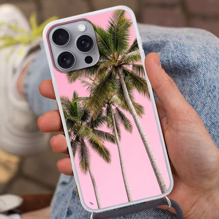 Palmboom - Tropisch - Pink Hoesje iPhone 16 Pro Max met koord klein -sfeer3