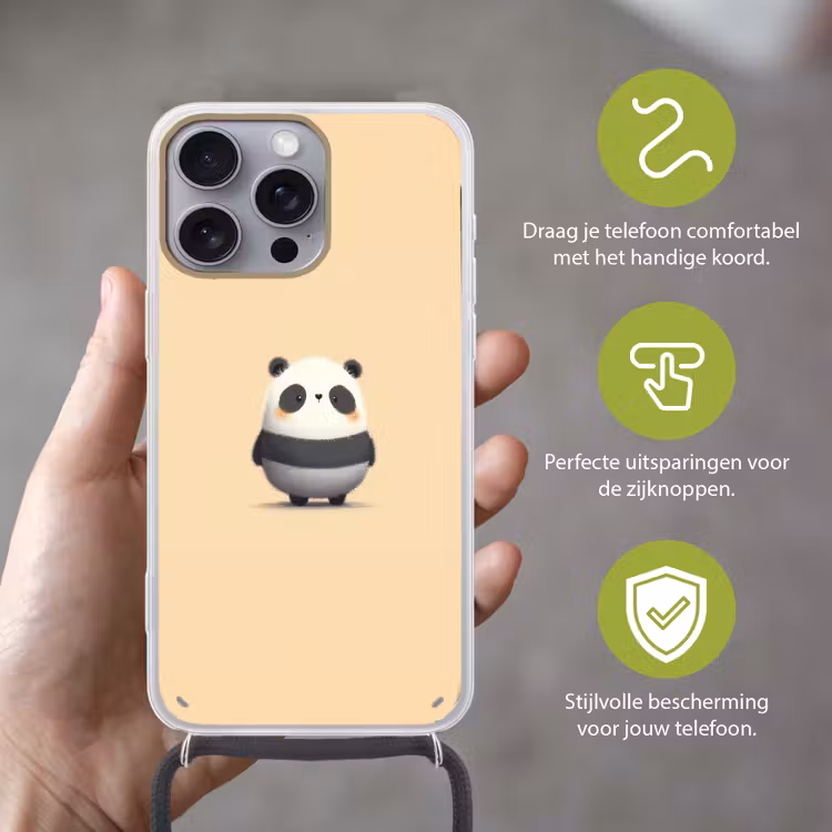 Panda - Beige - Minimalistisch Hoesje iPhone 16 Pro Max met koord klein -sfeer2_NL