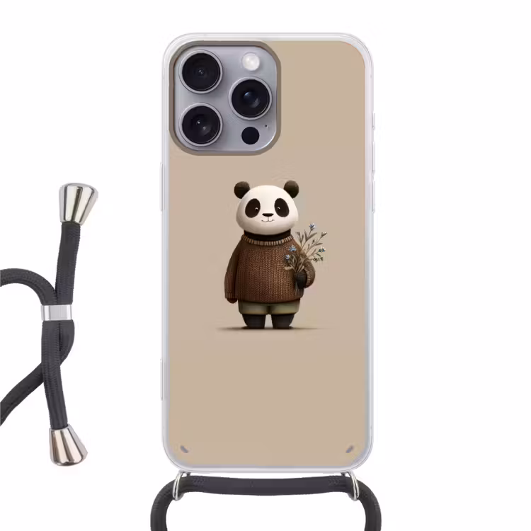 Panda - Blauwe bloemen - Zachtheid Hoesje iPhone 16 Pro Max met koord klein -3d