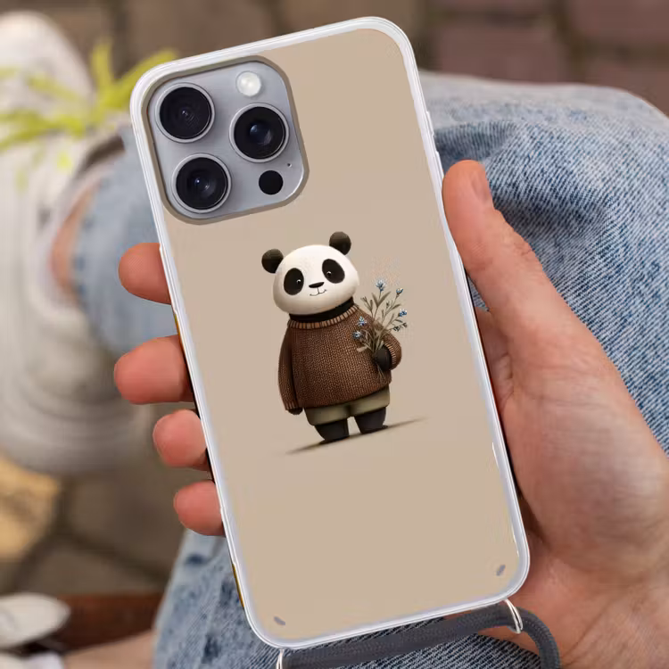 Panda - Blauwe bloemen - Zachtheid Hoesje iPhone 16 Pro Max met koord klein -sfeer3