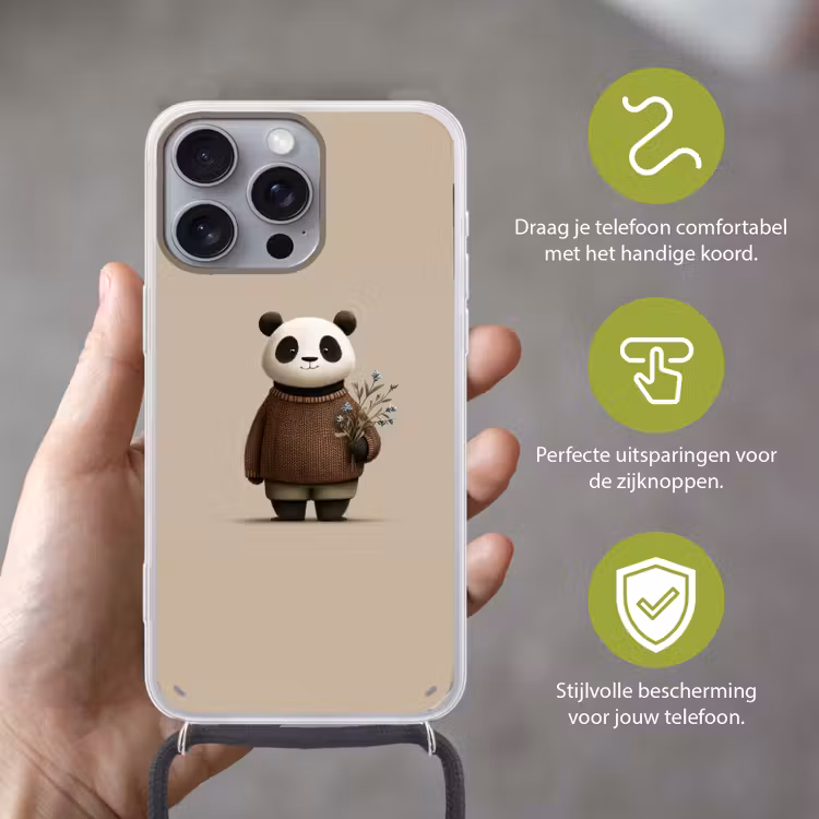 Panda - Blauwe bloemen - Zachtheid Hoesje iPhone 16 Pro Max met koord klein -sfeer2_NL