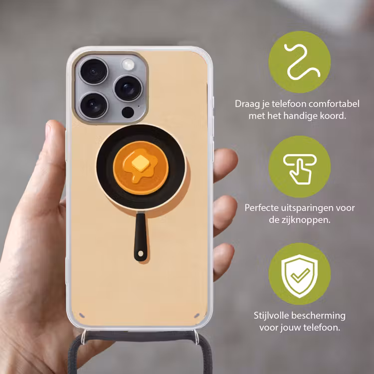 Pannenkoek - Koekenpan - Boter - Minimalistisch Hoesje iPhone 16 Pro Max met koord klein -sfeer2_NL