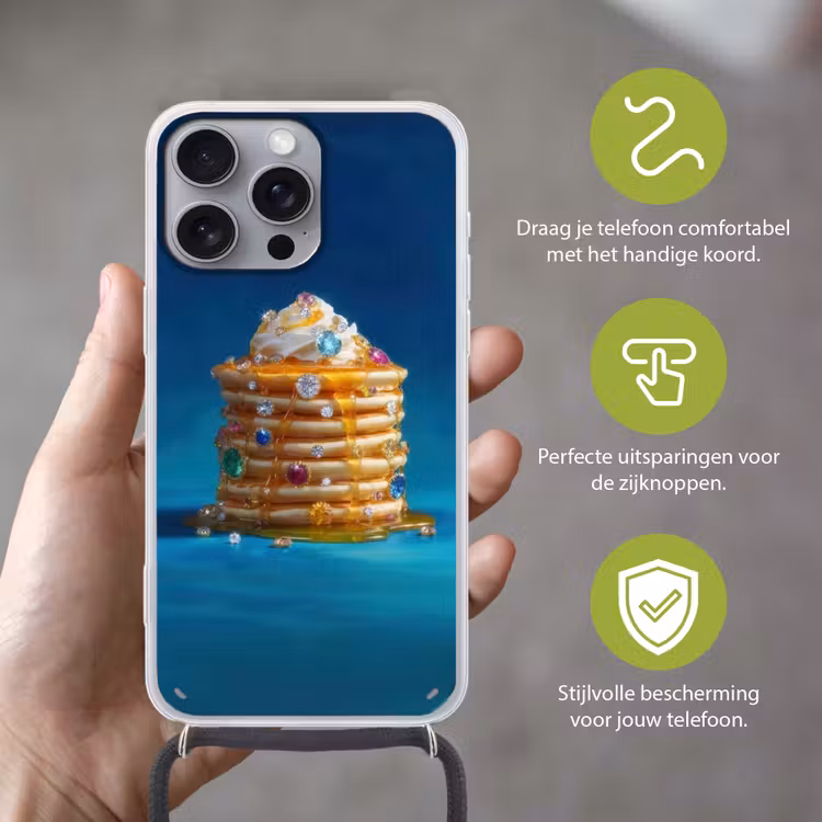 Pannenkoeken - Steentjes - Glitter - Slagroom Hoesje iPhone 16 Pro Max met koord klein -sfeer2_NL