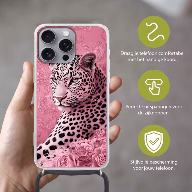Panter - Luxe - Roze Hoesje iPhone 16 Pro Max met koord klein -sfeer2_NL