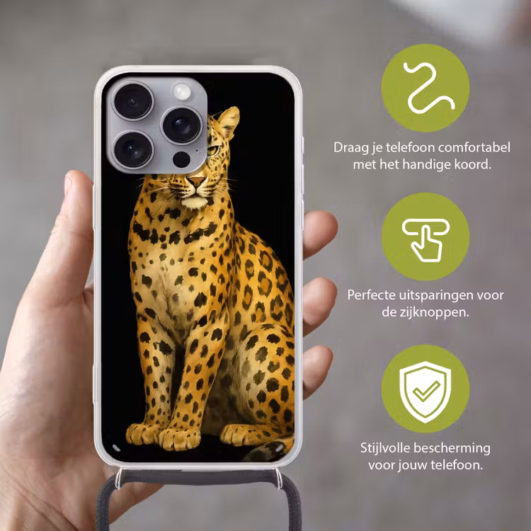 Panter - Realistisch - Bruin Hoesje iPhone 16 Pro Max met koord klein -sfeer2_NL