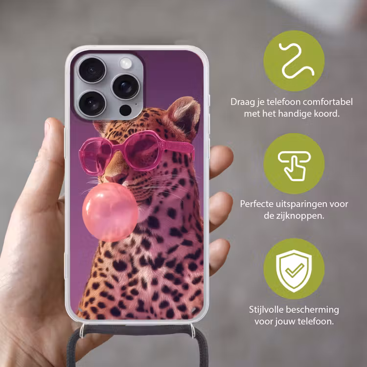Panter - Zonnebril - Kauwgombel - Roze Hoesje iPhone 16 Pro Max met koord klein -sfeer2_NL