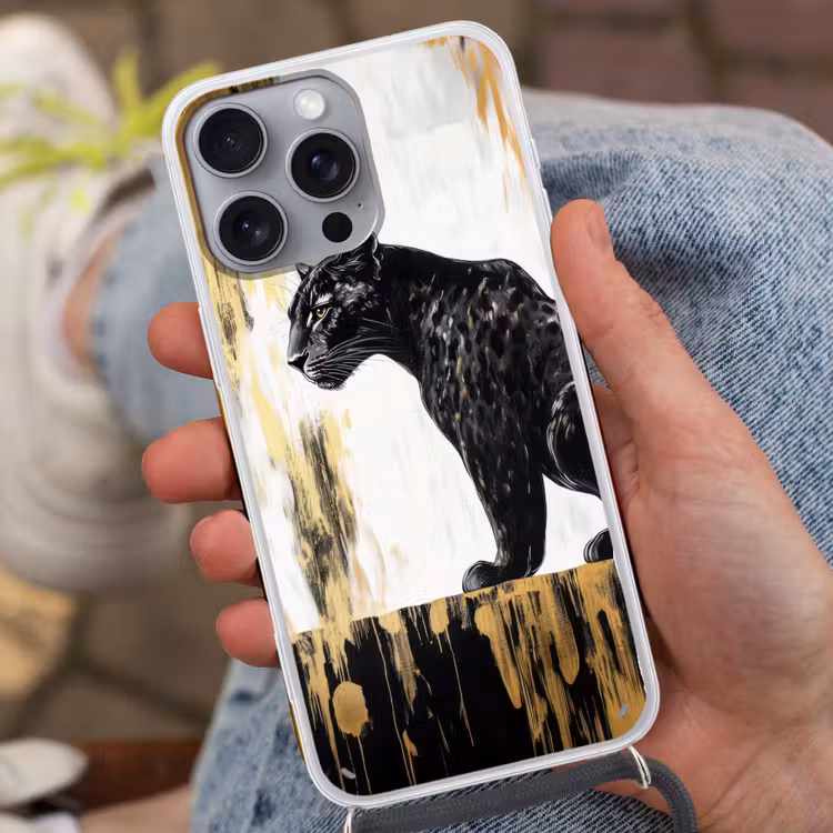 Panter - Zwart - Abstract - Goud Hoesje iPhone 16 Pro Max met koord klein -sfeer3