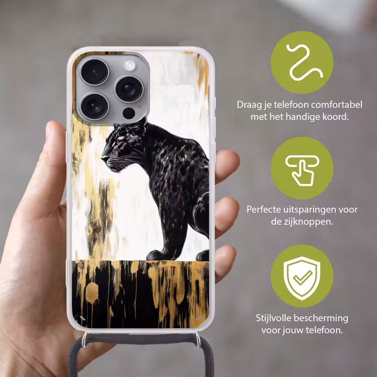 Panter - Zwart - Abstract - Goud Hoesje iPhone 16 Pro Max met koord klein -sfeer2_NL