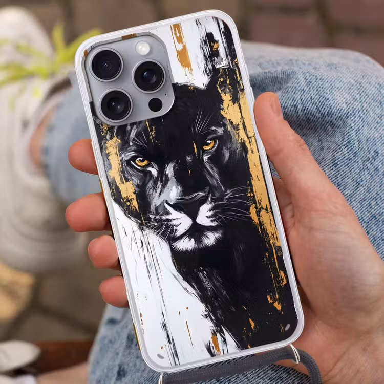 Panter - Zwart - Abstract - Verfstreken Hoesje iPhone 16 Pro Max met koord klein -sfeer3